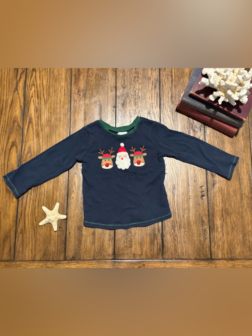 Mud Pie Navy Christmas Top with Santa & Reindeer Appliqué